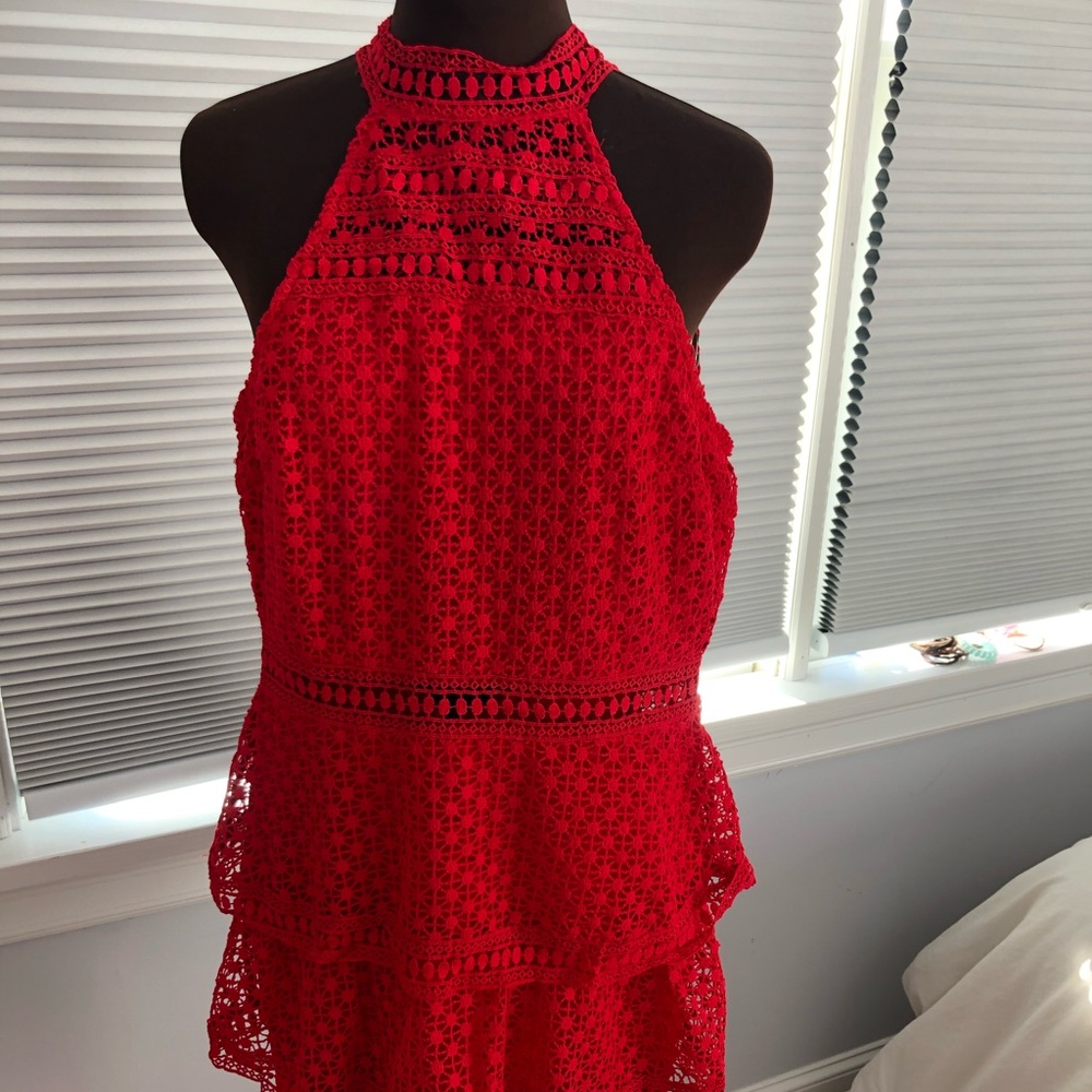 Red Lace High Neck Dress by Tobi